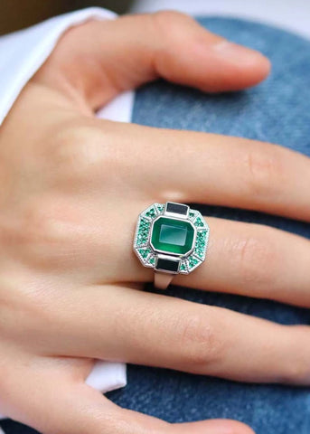 Bague Art Deco Célestine Argent Onyx vert et Onyx noir