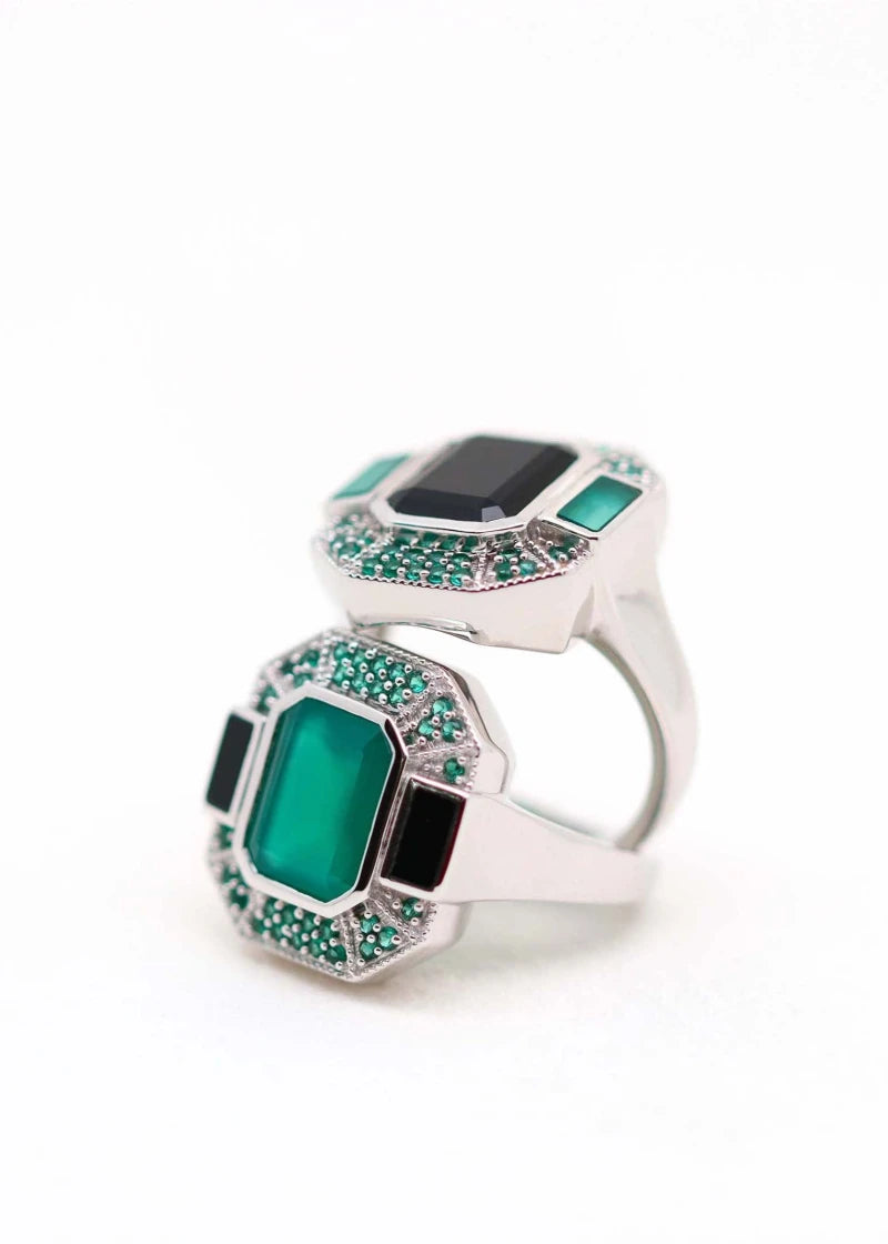 Bague Art Deco Célestine Argent Onyx vert et Onyx noir