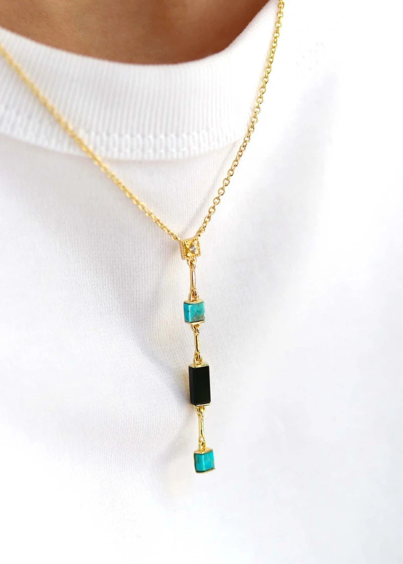 Collier Y Louisette plaqué or Turquoise et Onyx noir