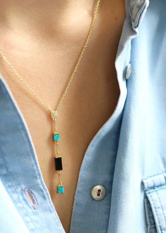 Collier Y Louisette plaqué or Turquoise et Onyx noir