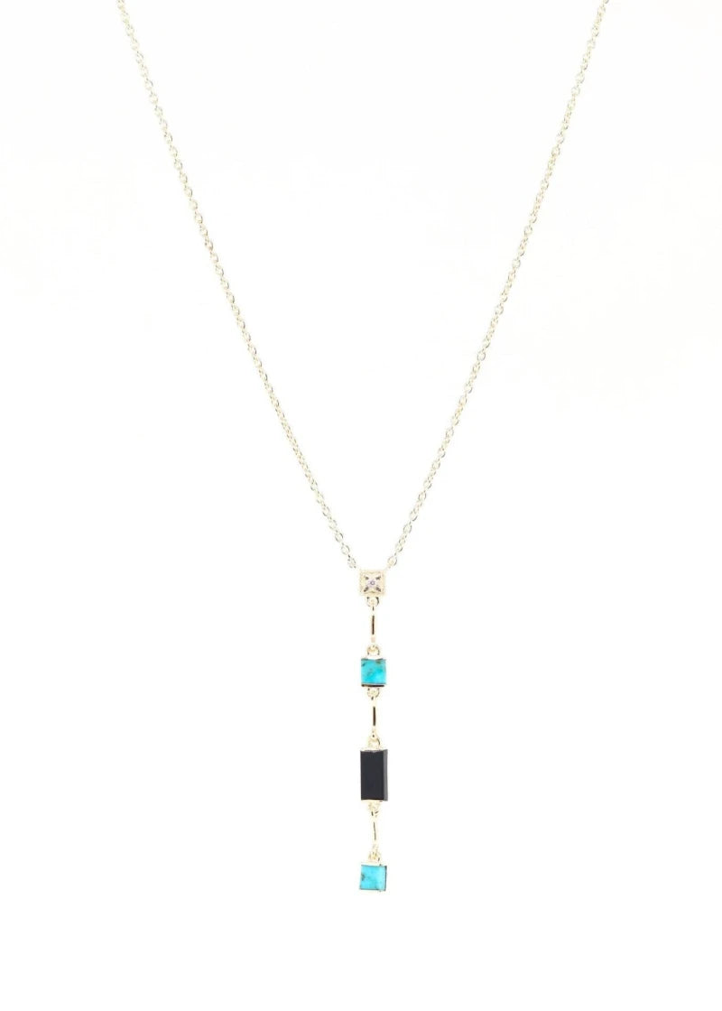 Collier Y Louisette plaqué or Turquoise et Onyx noir
