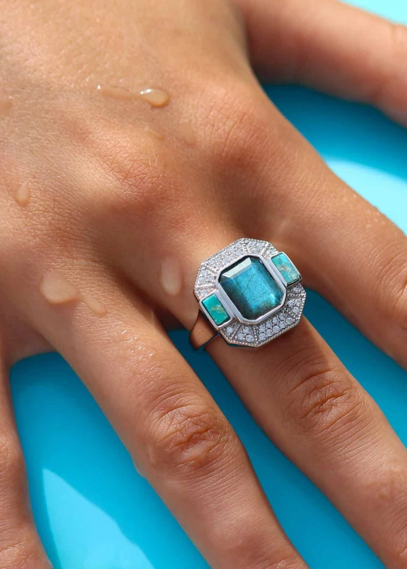 Bague Art Deco Argent Célestine Labradorite et Turquoise