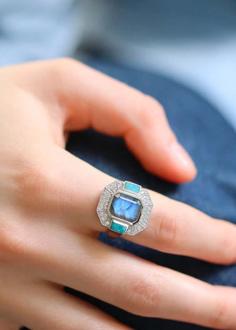 Bague Art Deco Argent Célestine Labradorite et Turquoise