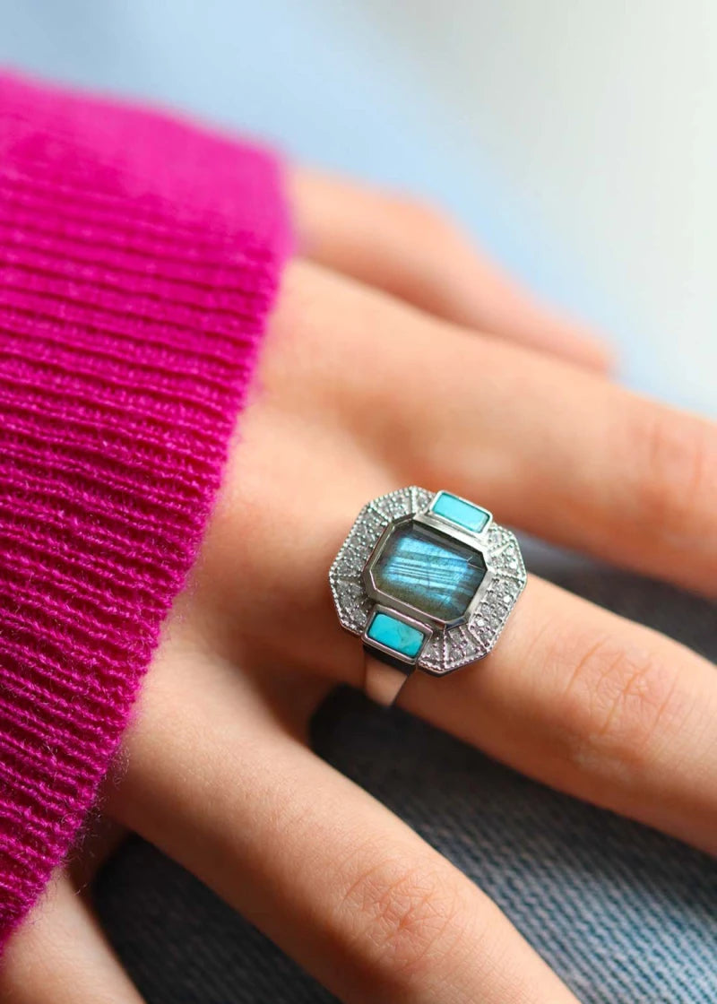 Bague Art Deco Argent Célestine Labradorite et Turquoise