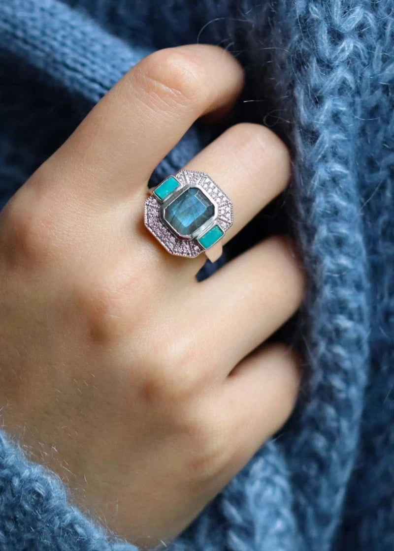 Bague Art Deco Argent Célestine Labradorite et Turquoise