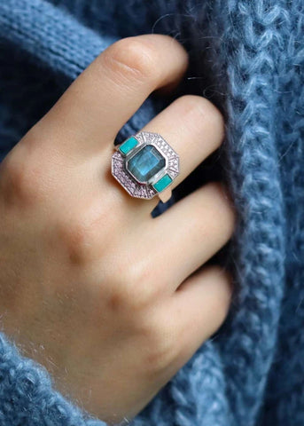 Bague Art Deco Argent Célestine Labradorite et Turquoise