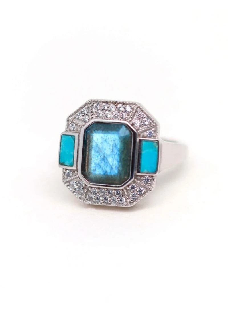 Bague Art Deco Argent Célestine Labradorite et Turquoise