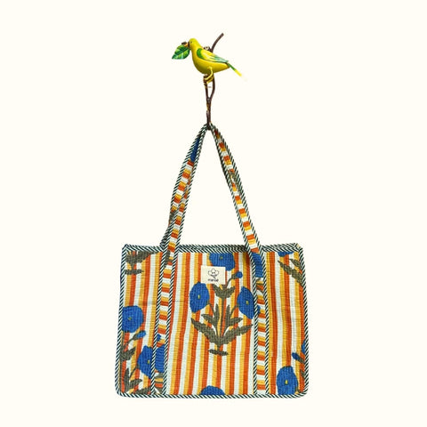 Grand tote bag "Golden stripes & blue poppies"