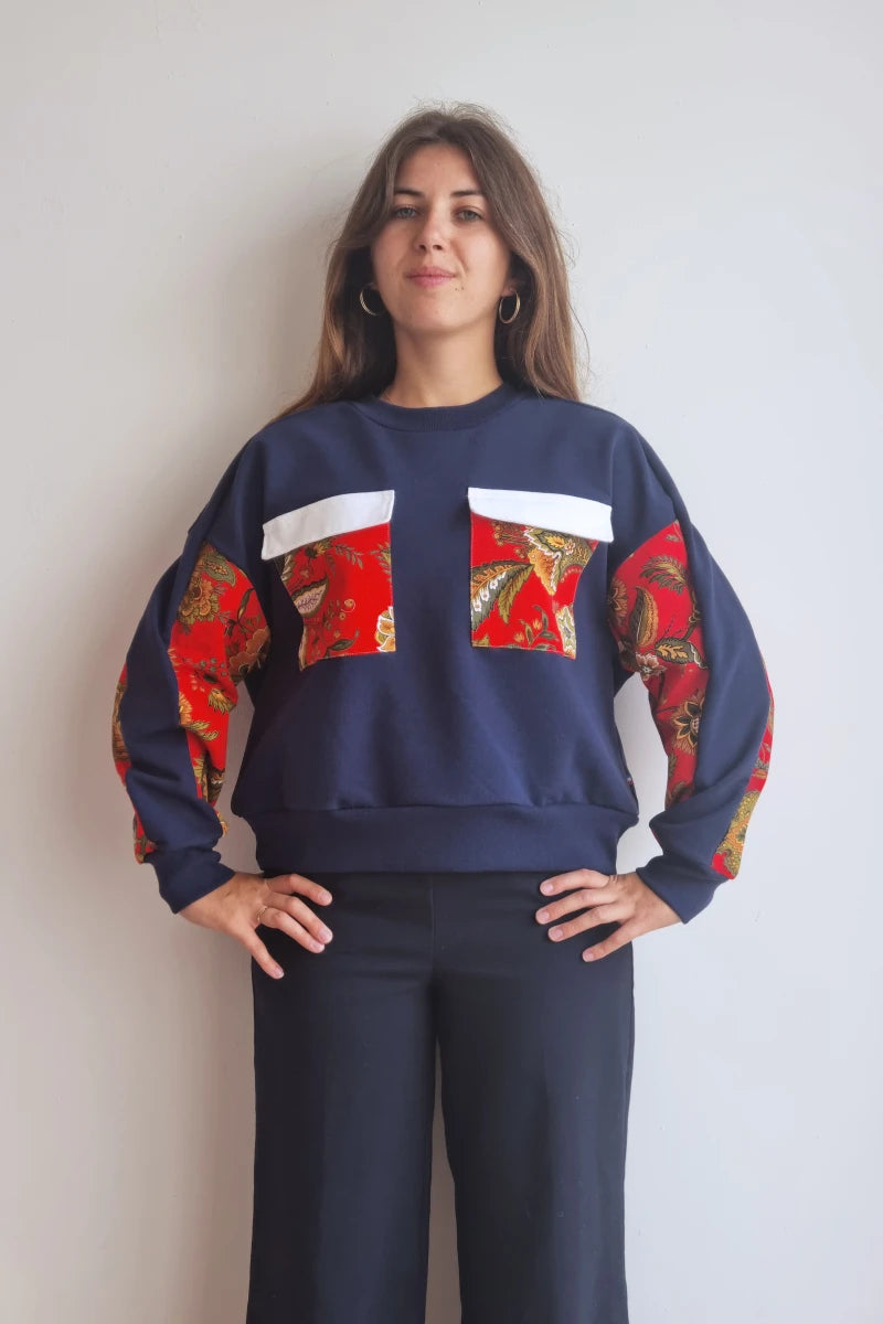 Sweat-shirt Marguerite - marine- fleurs rouges