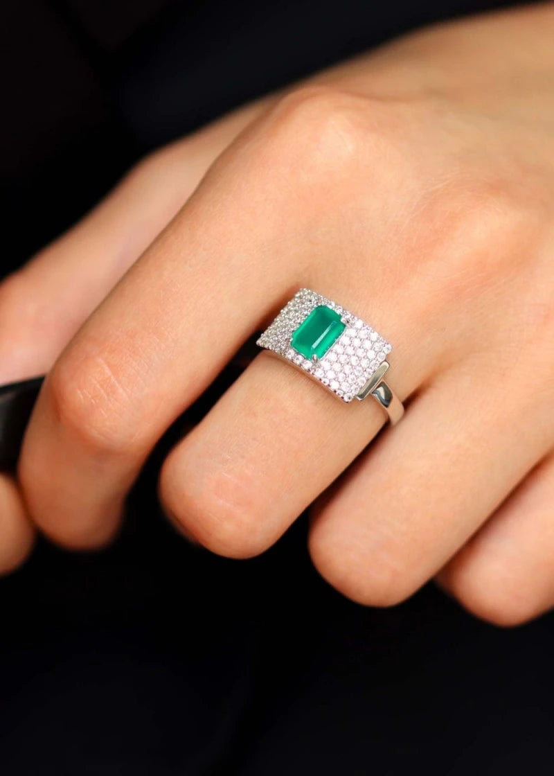 Bague Art Deco Philomène Argent et Onyx vert