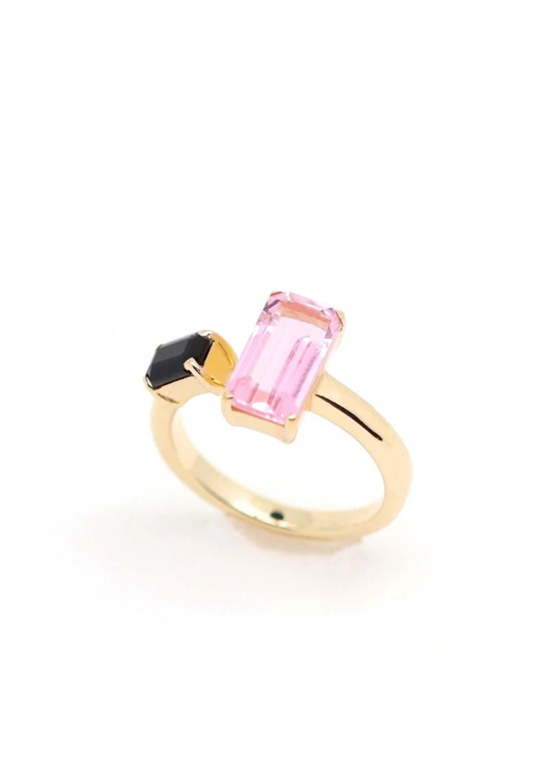 Bague Toi et Moi Odette plaqué or Quartz rose et Onyx noir