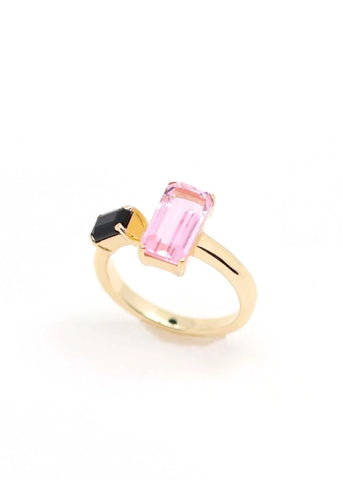 Bague Toi et Moi Odette plaqué or Quartz rose et Onyx noir