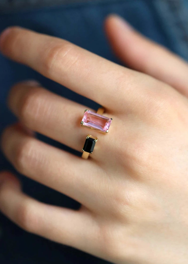 Bague Toi et Moi Odette plaqué or Quartz rose et Onyx noir