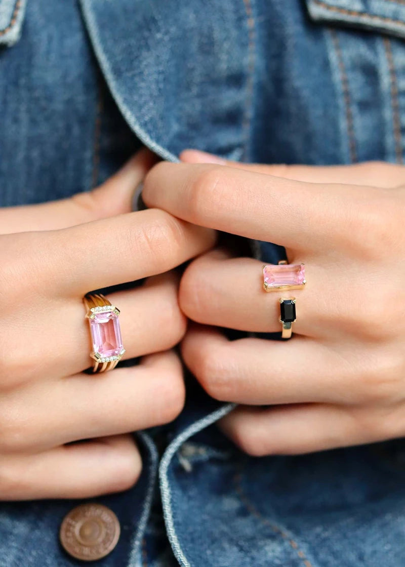 Bague Toi et Moi Odette plaqué or Quartz rose et Onyx noir