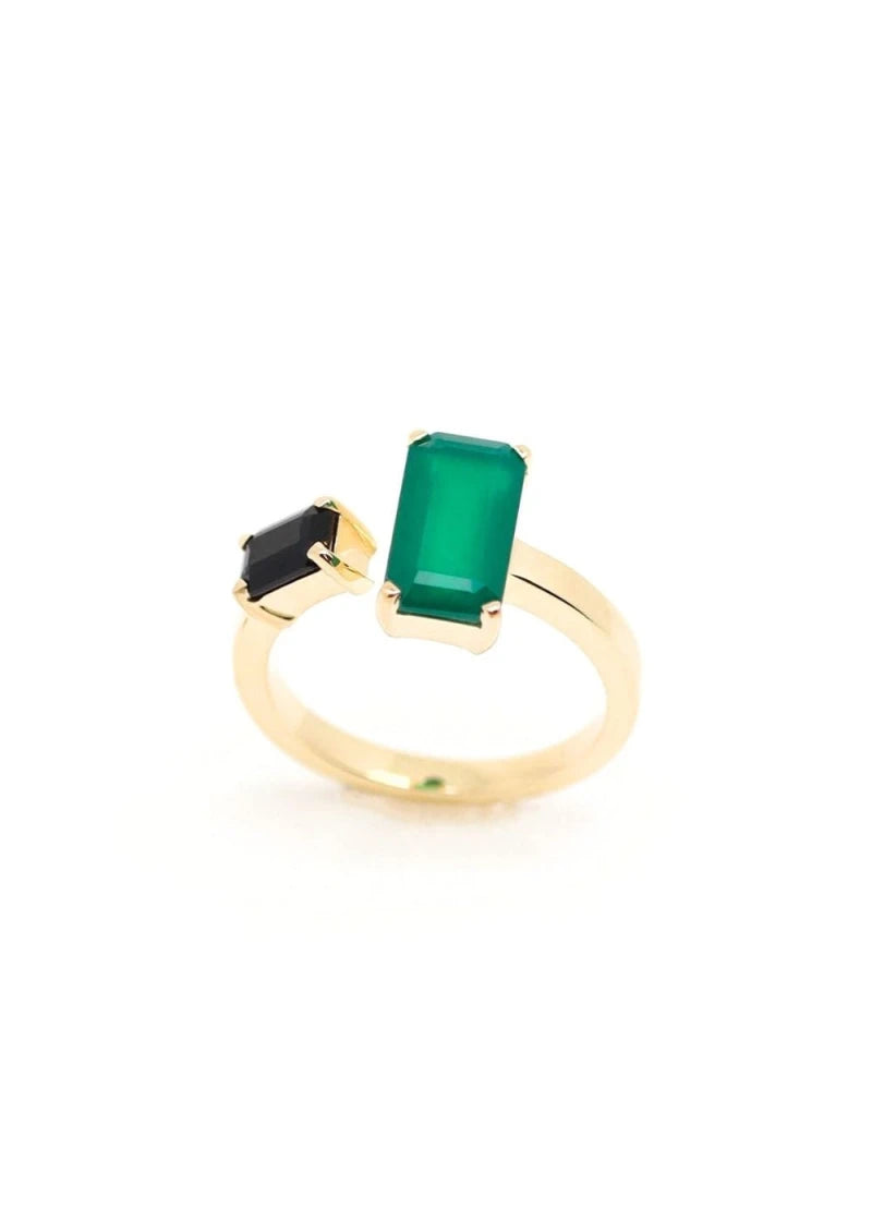 Bague Toi et Moi Odette plaqué or Onyx vert et Onyx noir