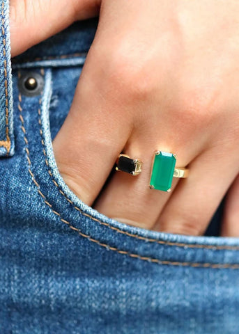Bague Toi et Moi Odette plaqué or Onyx vert et Onyx noir