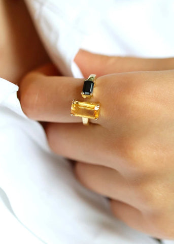 Bague Toi et Moi Odette plaqué or Citrine et Onyx noir