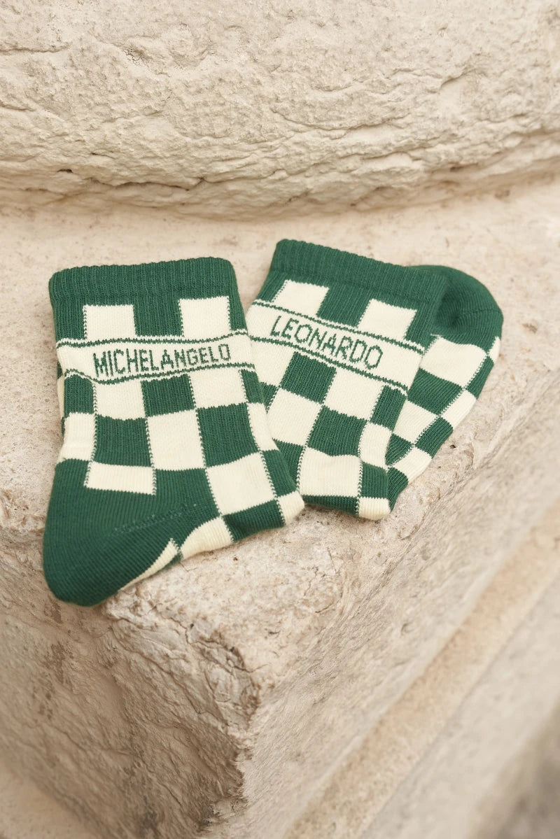 CHAUSSETTES UNISEXES DAMIER VERT ET ÉCRU
