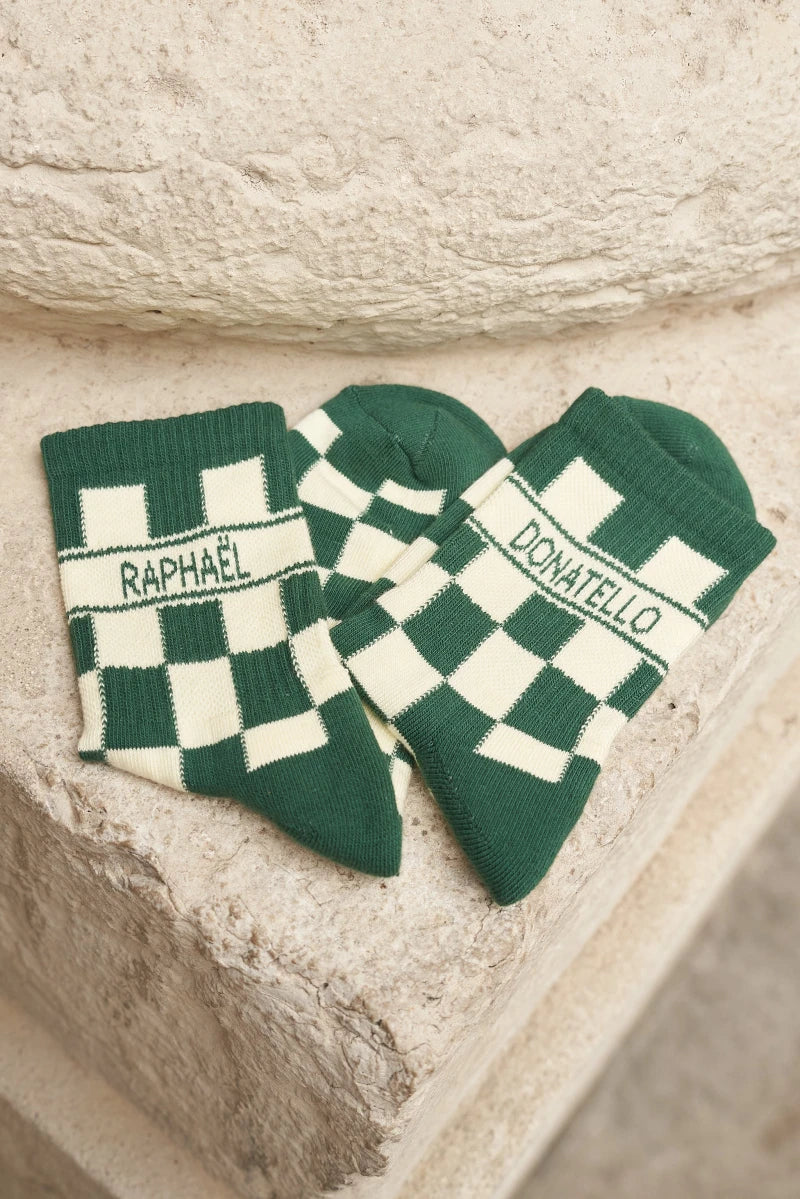 CHAUSSETTES UNISEXES DAMIER VERT ET ÉCRU