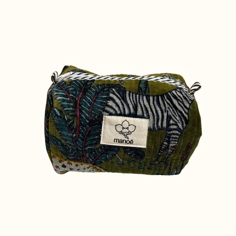 Trousse de toilette en velours matelassé – "Green safari"