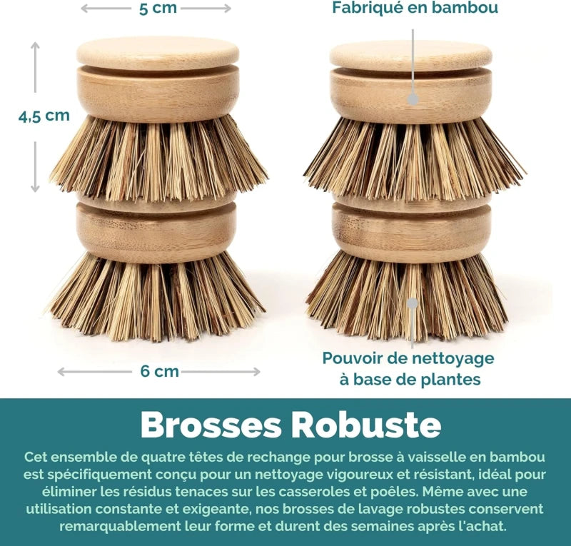 Tête interchangeable pour brosse à vaisselle en bambou réutilisable