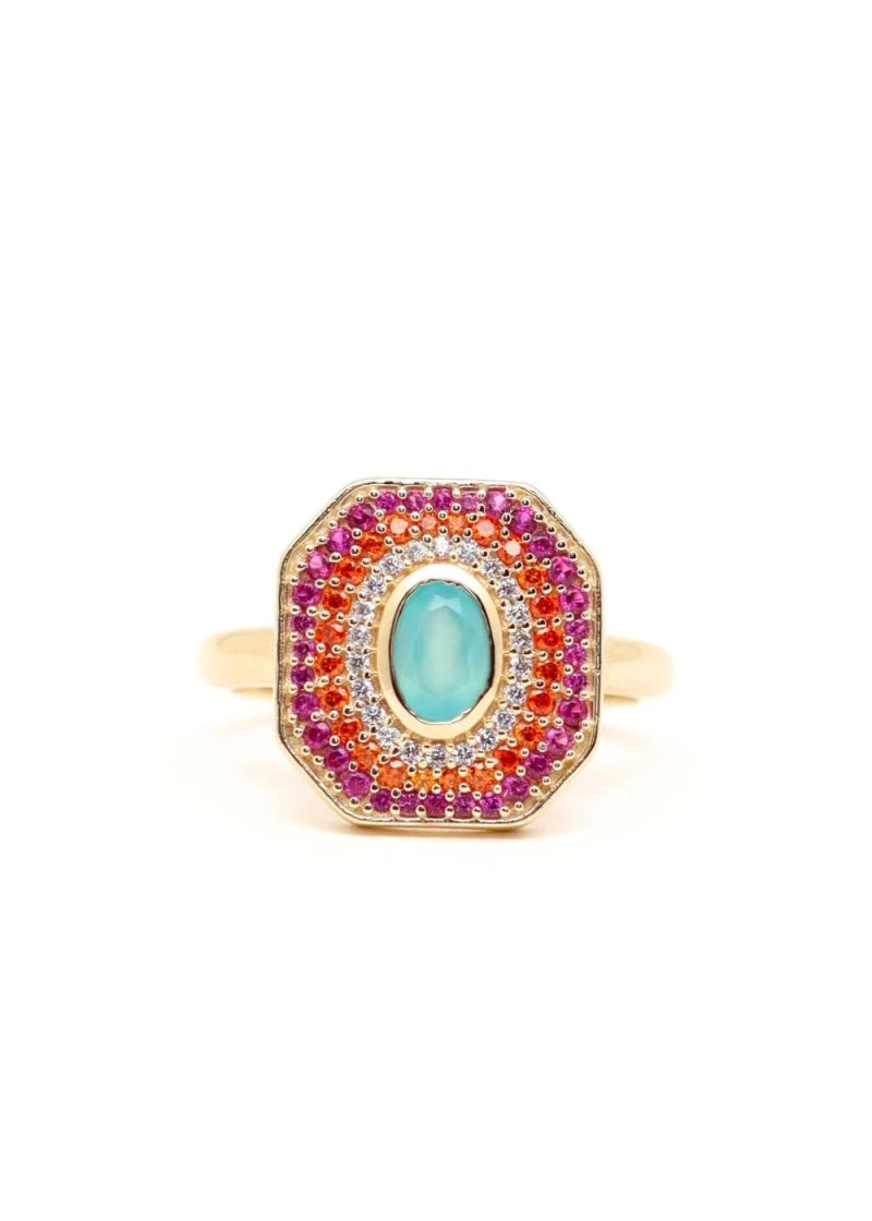 Bague Art Deco Alexandrine plaqué or Calcédoine d'eau