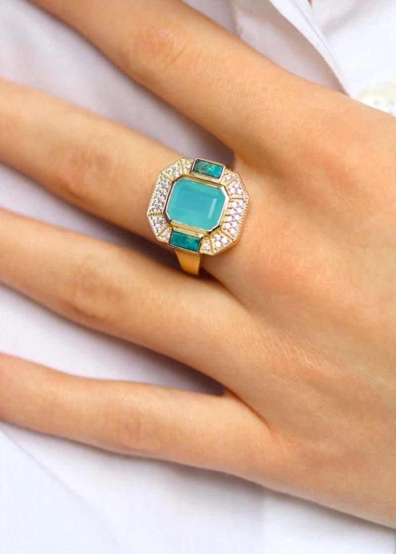 Bague Art Deco Célestine plaqué or Calcédoine d'eau et Chrysocolle