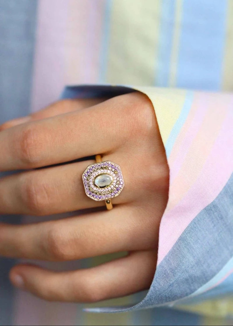 Bague Art Deco Alexandrine plaqué or Pierre de lune