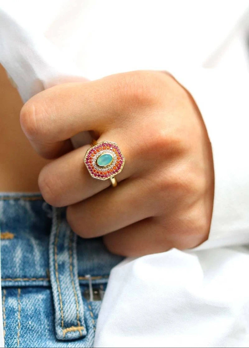 Bague Art Deco Alexandrine plaqué or Calcédoine d'eau