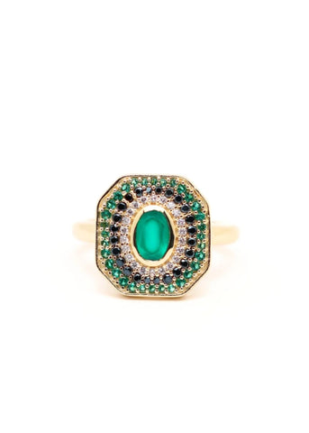 Bague Art Deco Alexandrine plaqué or Onyx vert