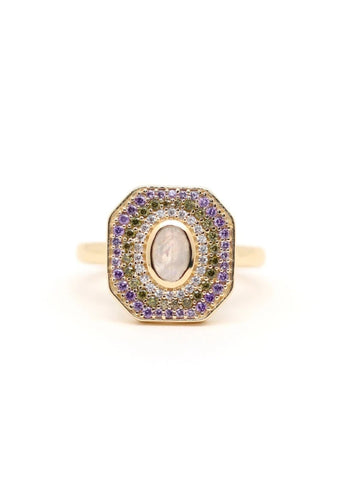 Bague Art Deco Alexandrine plaqué or Pierre de lune