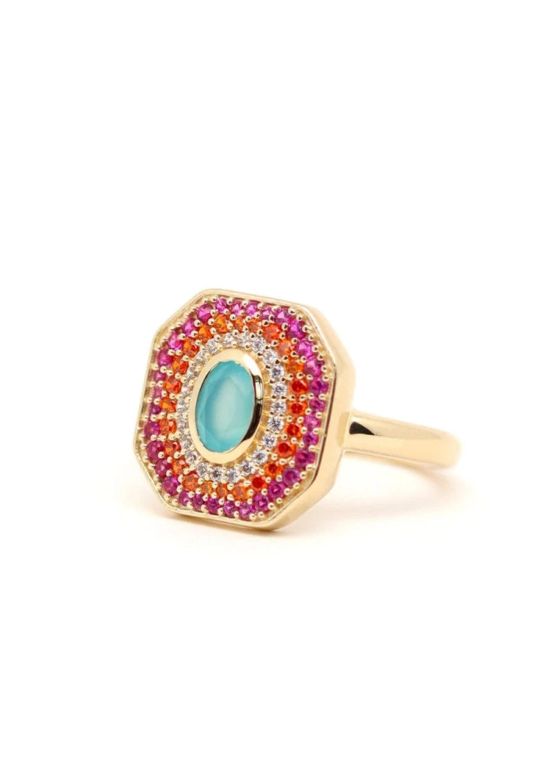 Bague Art Deco Alexandrine plaqué or Calcédoine d'eau