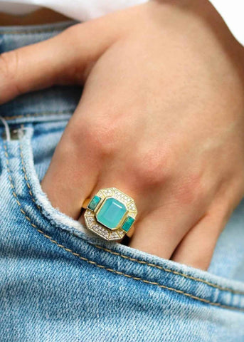 Bague Art Deco Célestine plaqué or Calcédoine d'eau et Chrysocolle