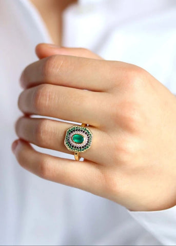 Bague Art Deco Alexandrine plaqué or Onyx vert
