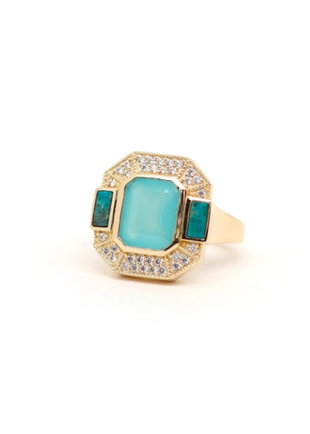 Bague Art Deco Célestine plaqué or Calcédoine d'eau et Chrysocolle