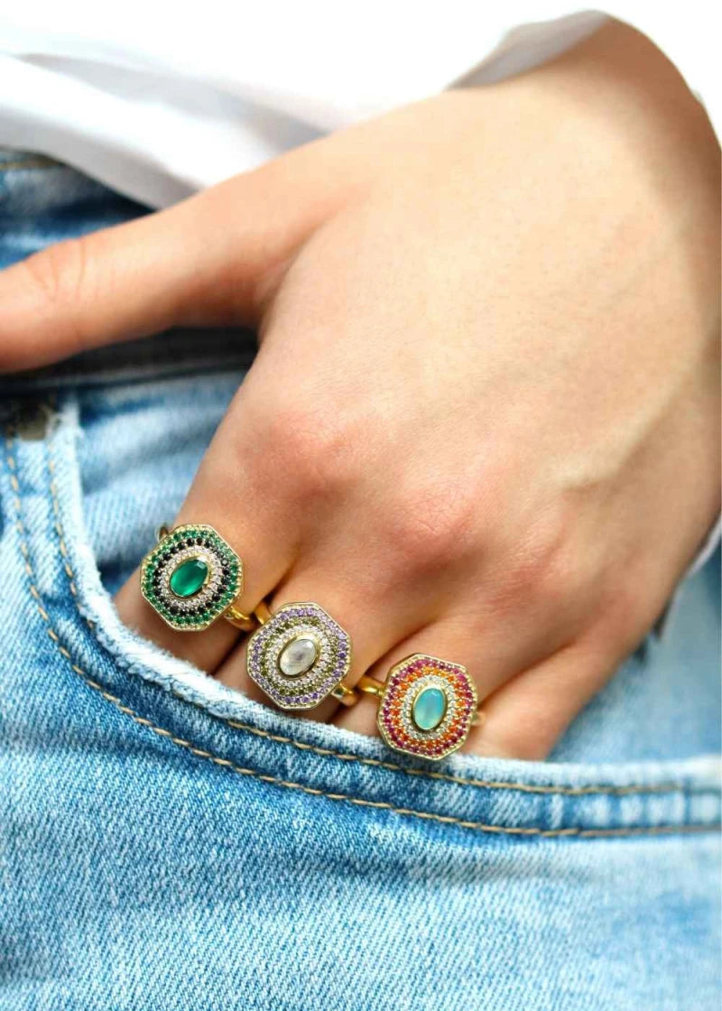 Bague Art Deco Alexandrine plaqué or Calcédoine d'eau