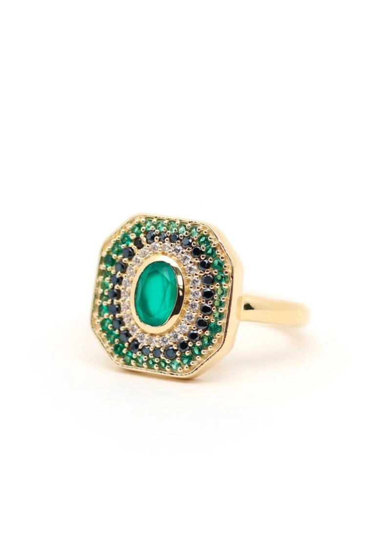 Bague Art Deco Alexandrine plaqué or Onyx vert