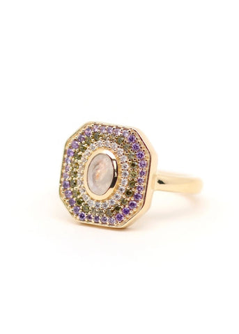 Bague Art Deco Alexandrine plaqué or Pierre de lune