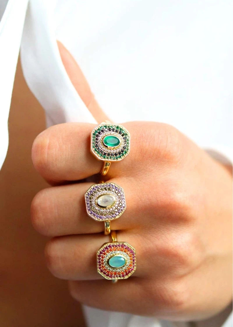Bague Art Deco Alexandrine plaqué or Pierre de lune