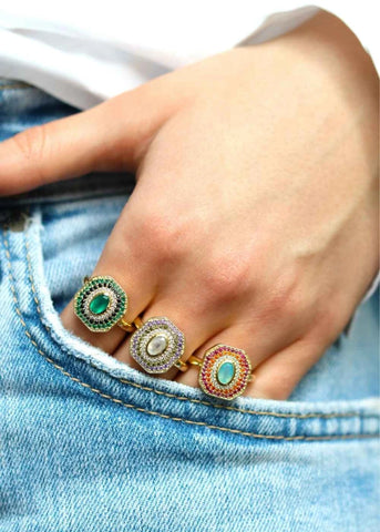 Bague Art Deco Alexandrine plaqué or Onyx vert