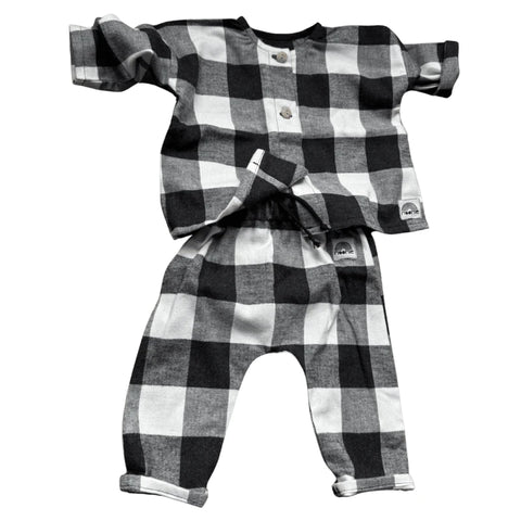 Blouse / Veste bébé en coton – Carreaux noir et blanc Made in France