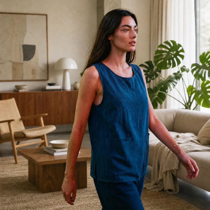 Top en coton indigo naturel – Deux poches signature | Taille unique