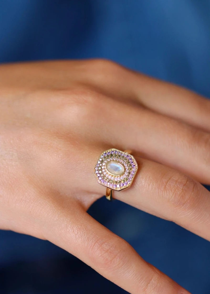 Bague Art Deco Alexandrine plaqué or Pierre de lune
