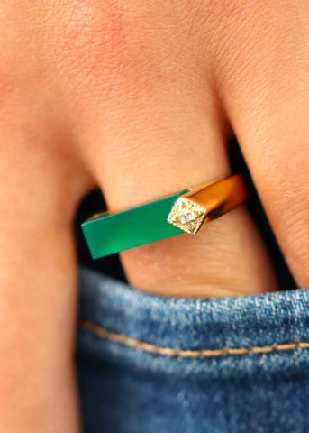 Bague Art Deco Louisette plaqué or Onyx vert