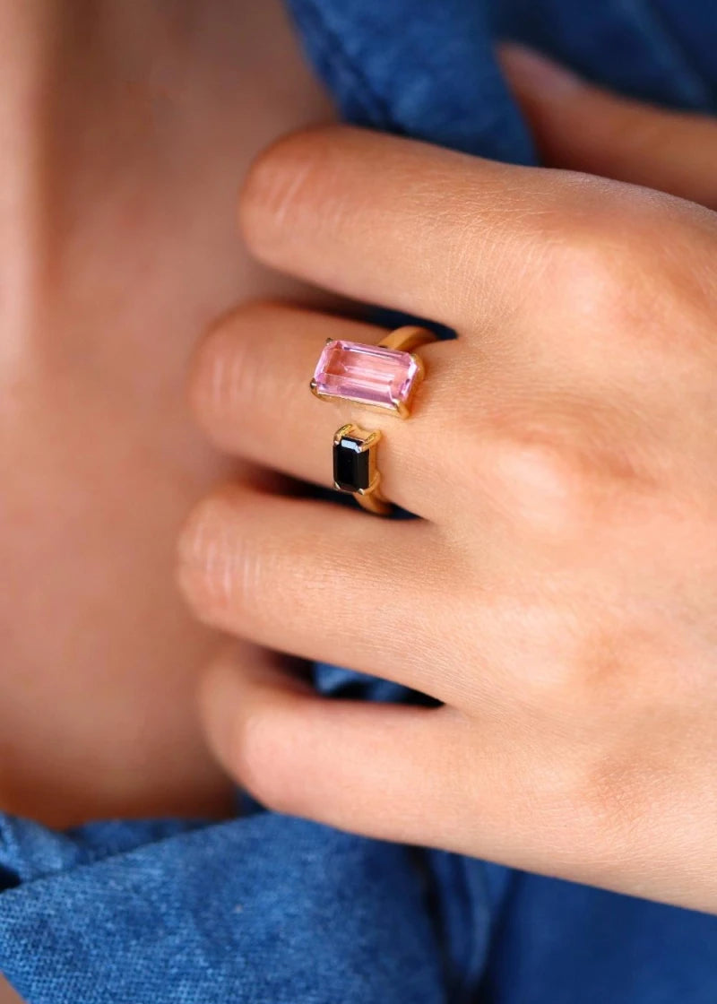 Bague Toi et Moi Odette plaqué or Quartz rose et Onyx noir
