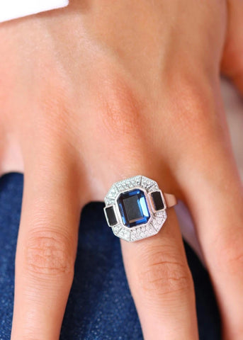 Bague Art Deco Argent Célestine Quartz bleu et Onyx noir