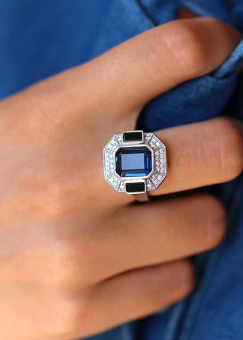 Bague Art Deco Argent Célestine Quartz bleu et Onyx noir