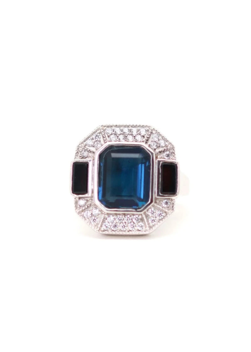 Bague Art Deco Argent Célestine Quartz bleu et Onyx noir