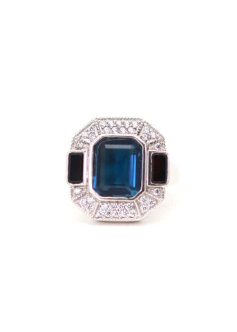 Bague Art Deco Argent Célestine Quartz bleu et Onyx noir