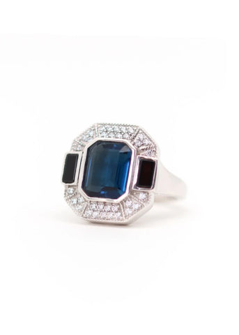 Bague Art Deco Argent Célestine Quartz bleu et Onyx noir